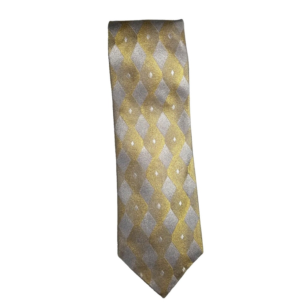 Piattelli Uomo Gold Silver Diamond Print Pointed 100% Silk Tie Made In USA